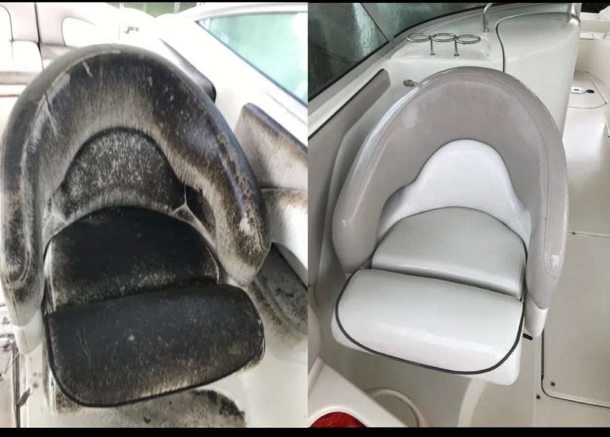 Boat seat shown before and after professional cleaning