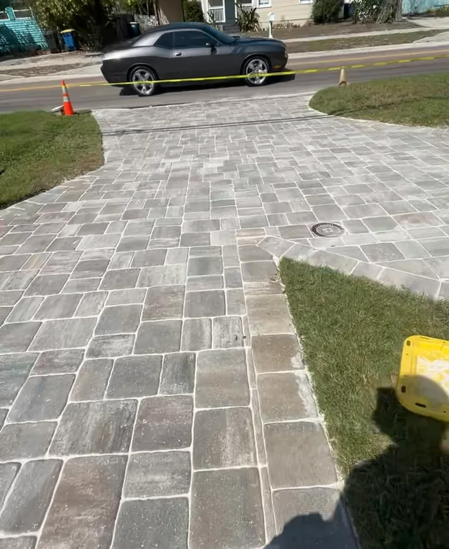 Clean paver driveway viewed from above